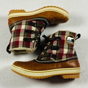 Sorel Tivoli Plaid Waterproof Ankle Boots Leather Fleece Lined Snow